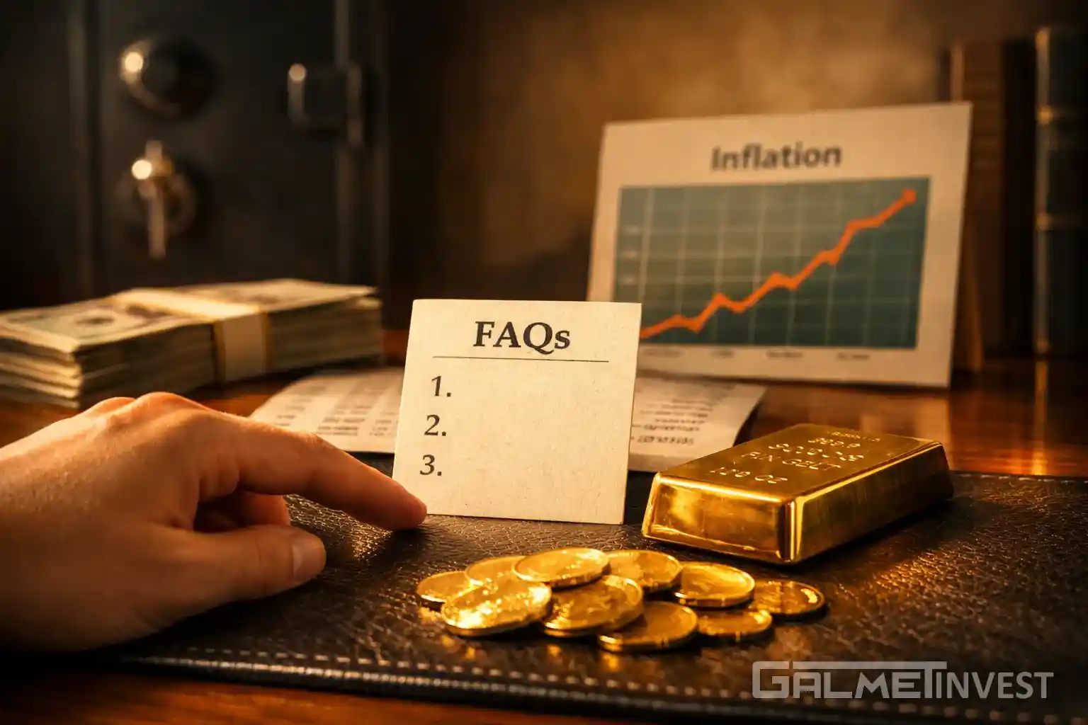 Pohľad na finančný stôl s koženým podložím, zlatými mincami a FAQ kartou, zlato ako ochrana pred infláciou.